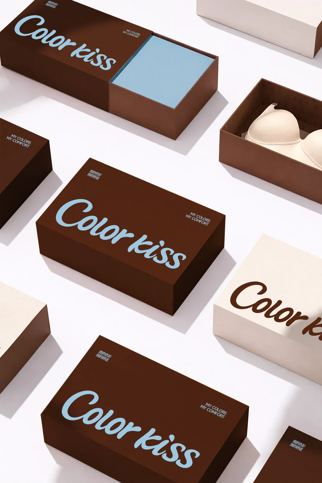 Kemasan cokelat Color Kiss dengan logo biru langit
